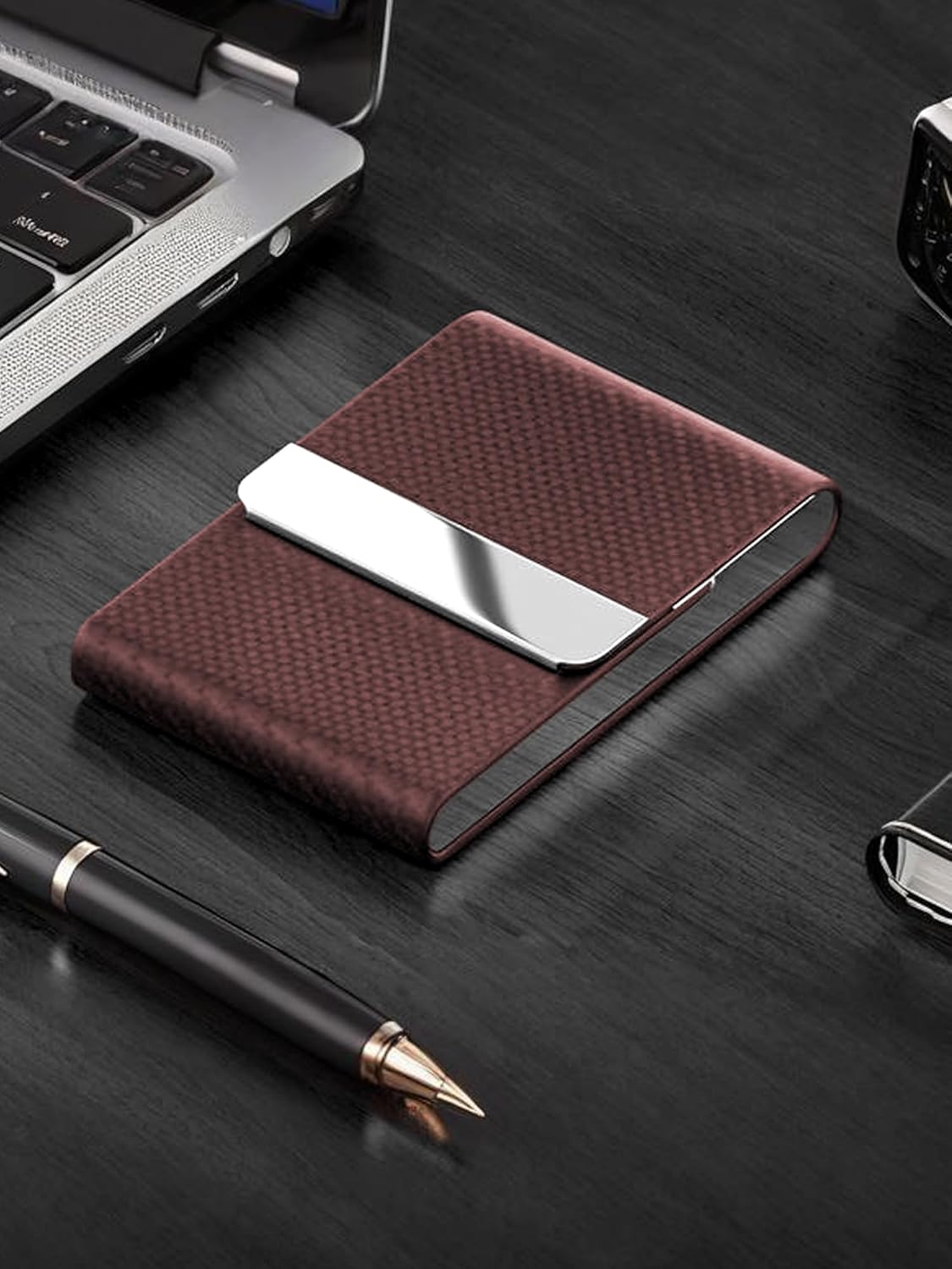 Men's Premium Leather & Stainless Steel Business Card Holder with Magnetic Closure - Brown - Image 6