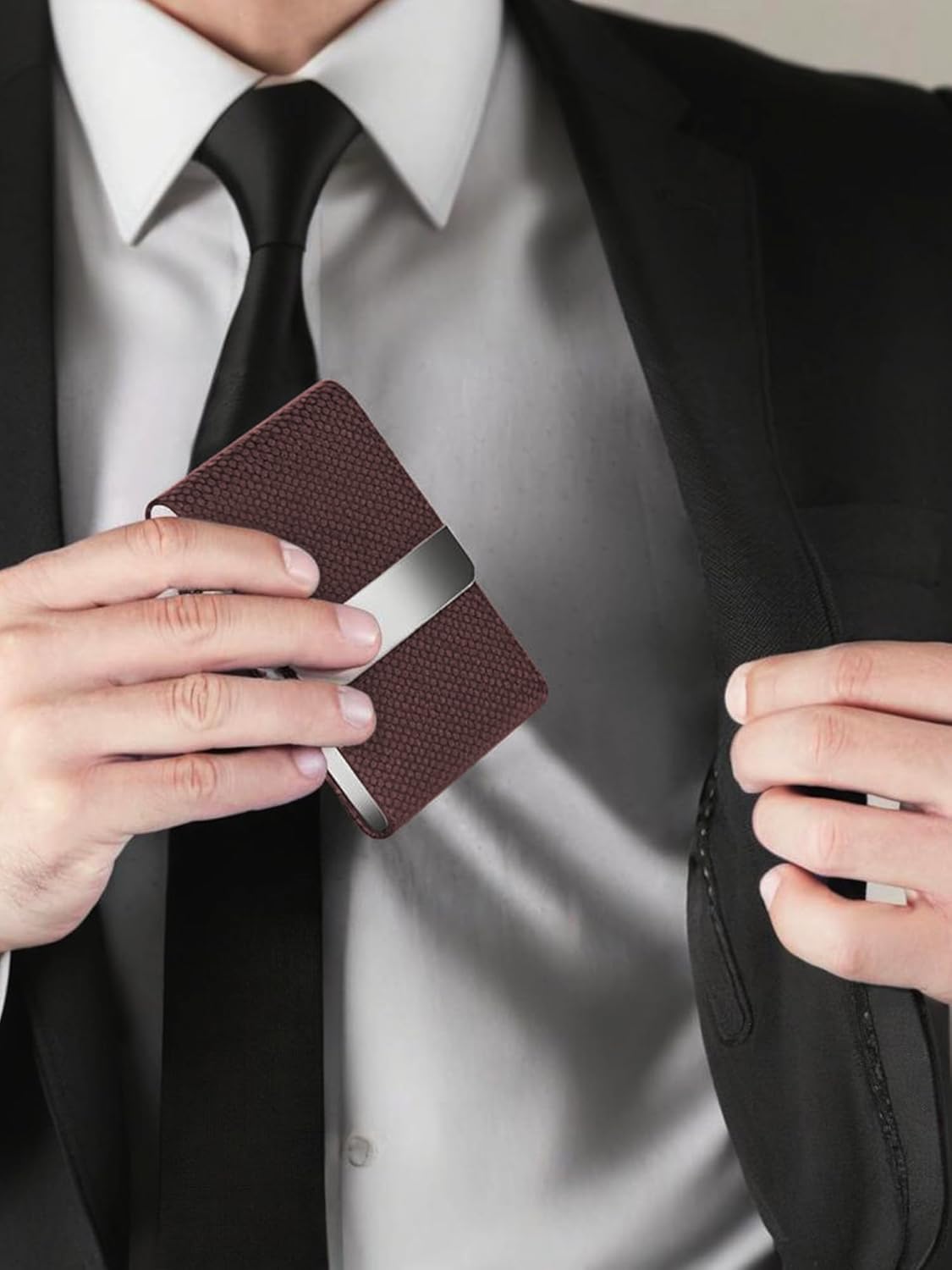 Men's Premium Leather & Stainless Steel Business Card Holder with Magnetic Closure - Brown - Image 7