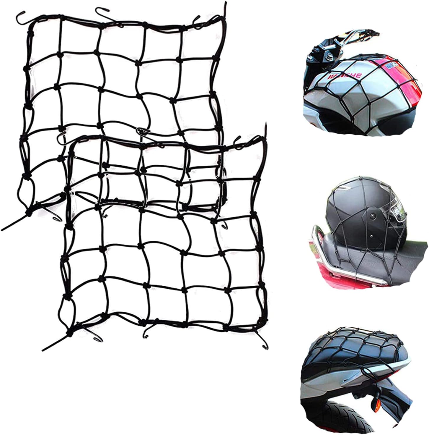 2 Pack 40x40cm Elastic Motorcycle Cargo Net with 6 Anti-Scratch Hooks for Scooter Helmet Storage - Black - Image 1