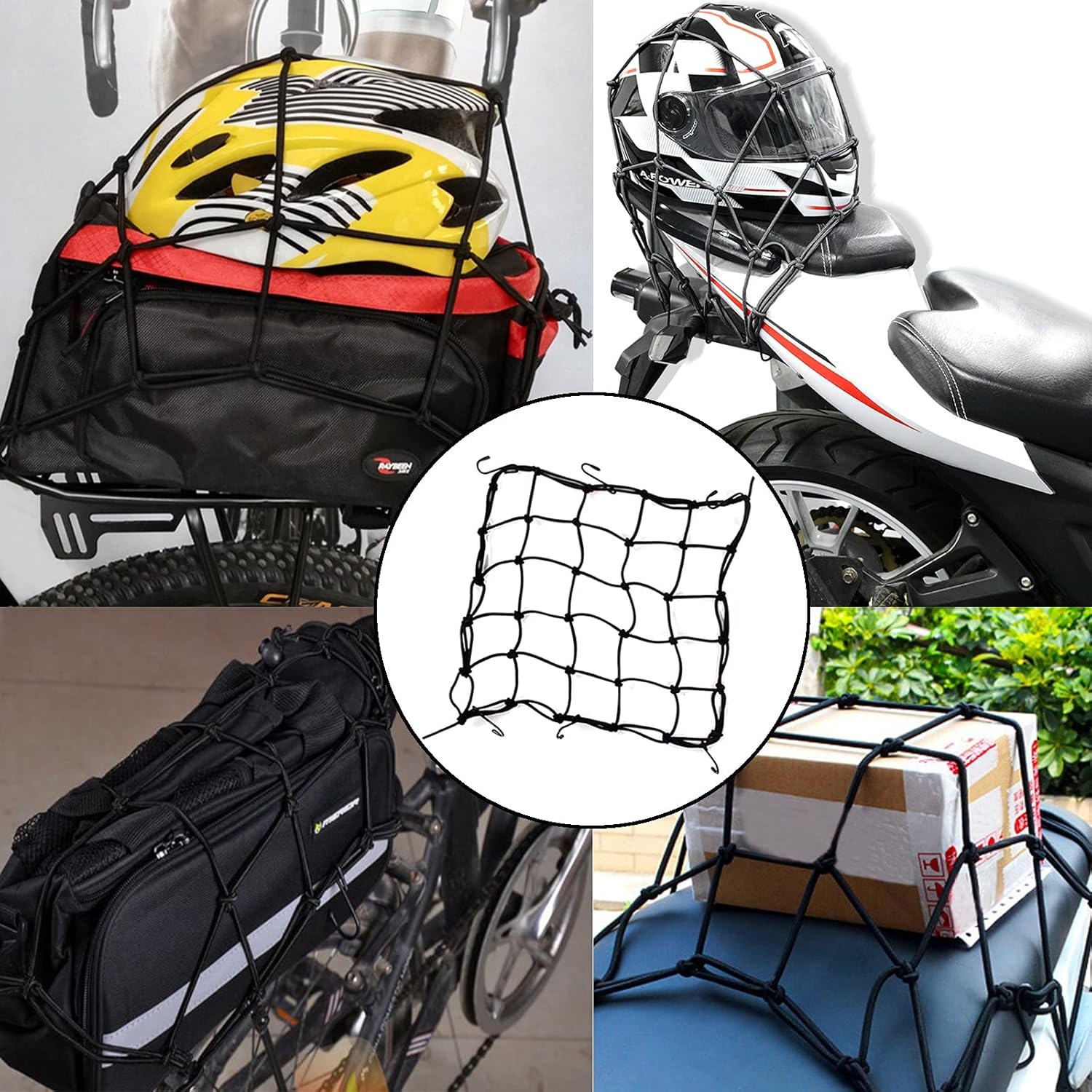 2 Pack 40x40cm Elastic Motorcycle Cargo Net with 6 Anti-Scratch Hooks for Scooter Helmet Storage - Black - Image 5