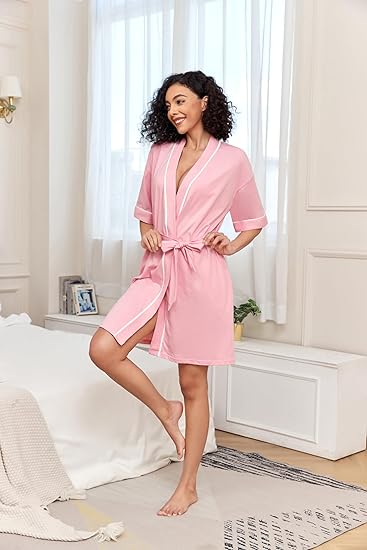 Women's Cotton Bathrobe - Short Sleeve with Pockets & Belt - Breathable Comfort - Lightweight - Pink - Size L - Image 2