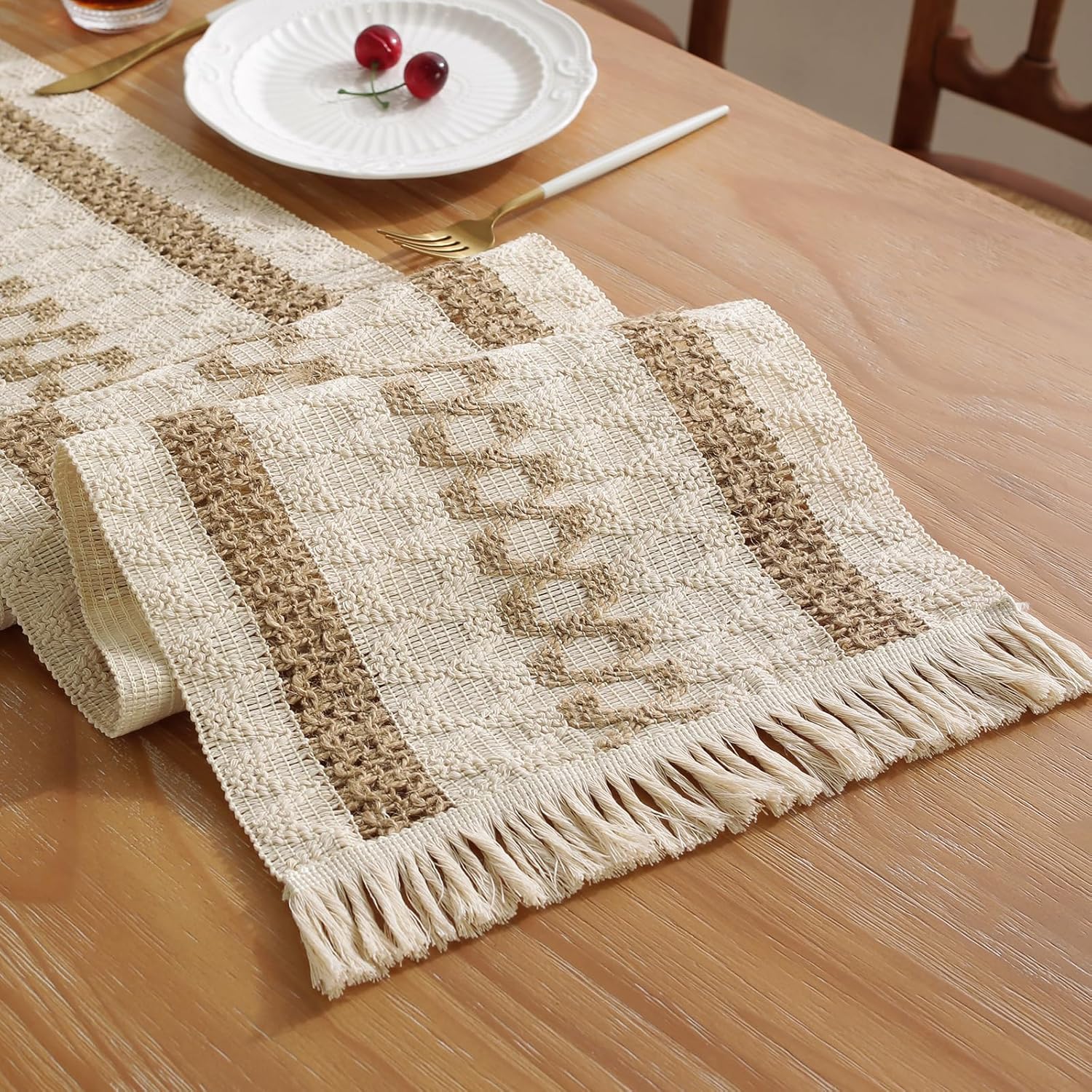 Boho Style Cotton Linen Table Runner 30x180cm Brush Design Durable Brown - Image 1