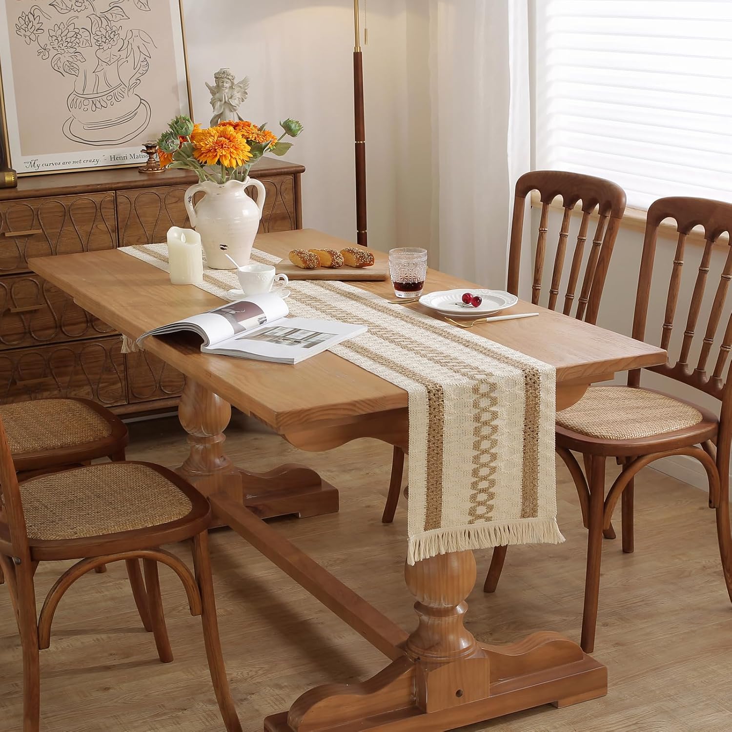 Boho Style Cotton Linen Table Runner 30x180cm Brush Design Durable Brown - Image 2