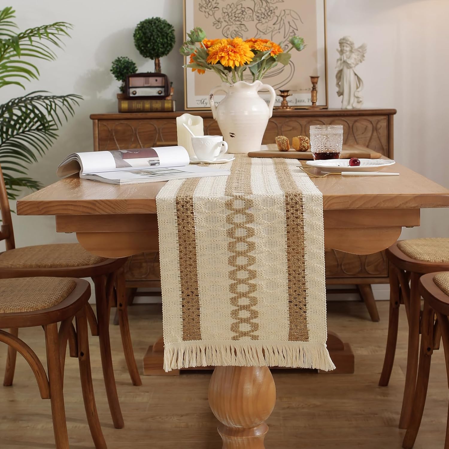 Boho Style Cotton Linen Table Runner 30x180cm Brush Design Durable Brown - Image 3