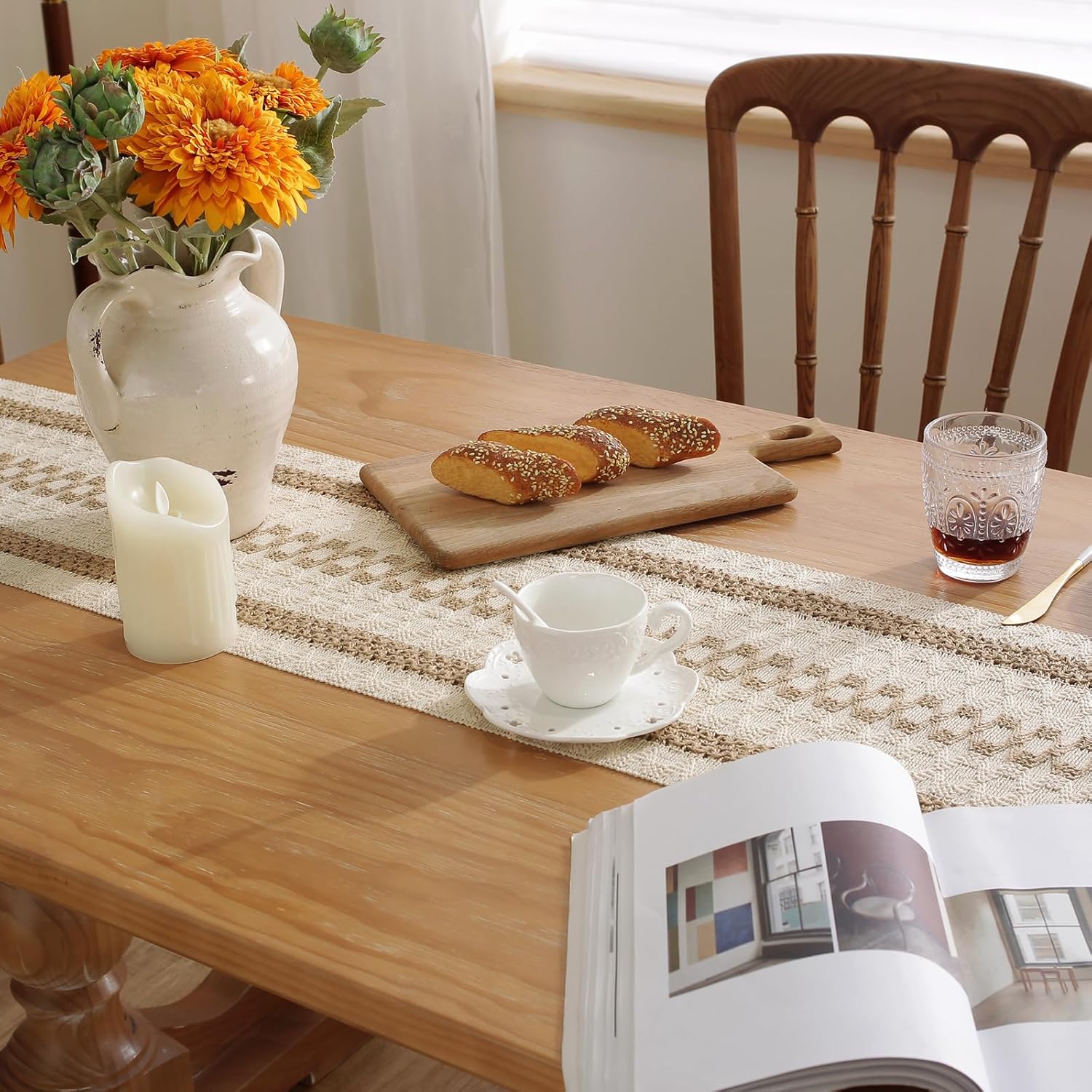 Boho Style Cotton Linen Table Runner 30x180cm Brush Design Durable Brown - Image 4