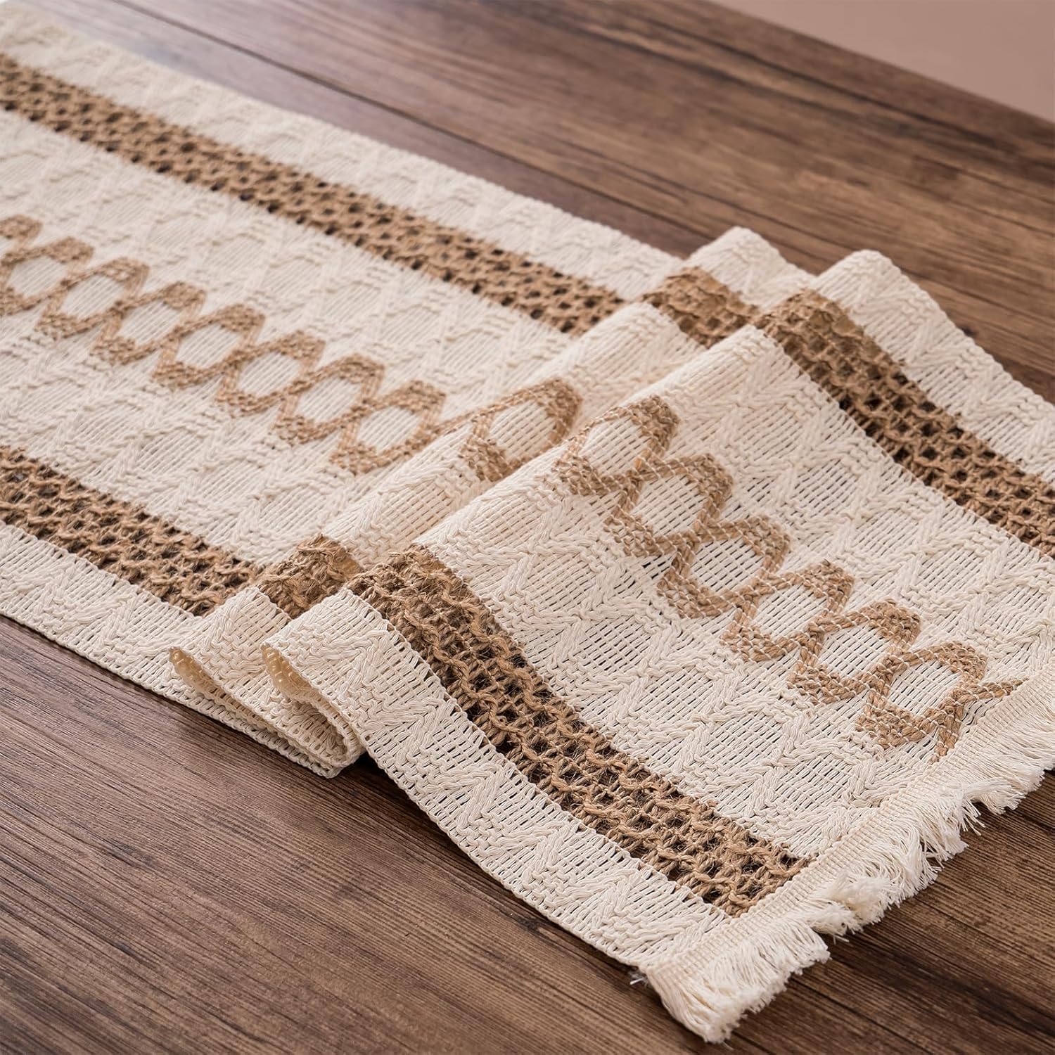 Boho Style Cotton Linen Table Runner 30x180cm Brush Design Durable Brown - Image 6