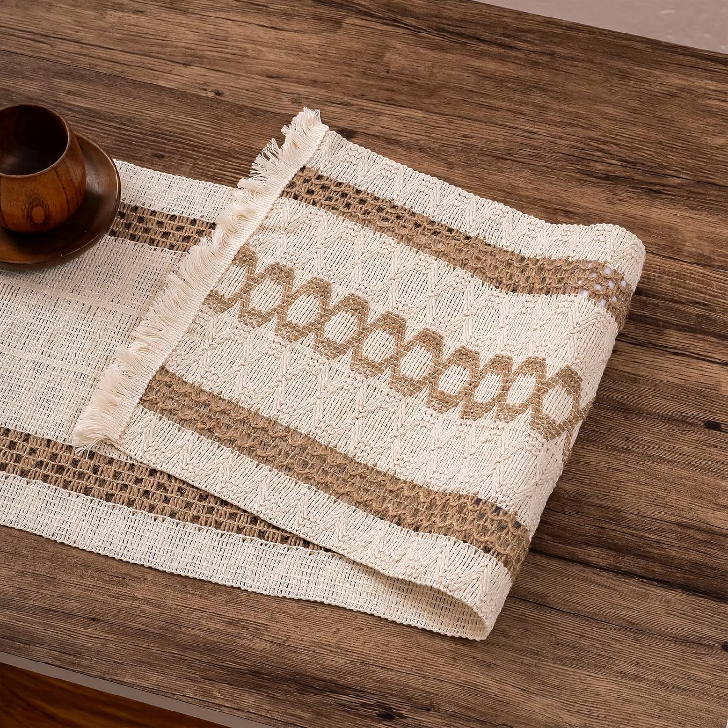 Boho Style Cotton Linen Table Runner 30x180cm Brush Design Durable Brown - Image 7