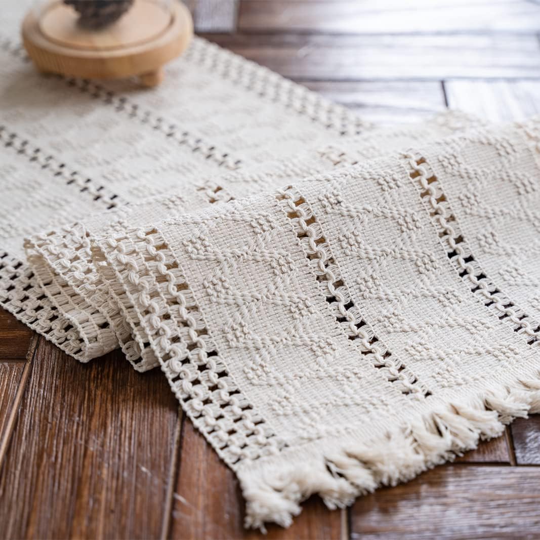 Macramé Table Runner 30x180 cm Handmade Cotton Linen Boho Style Beige Decorative Tablecloth - Image 1