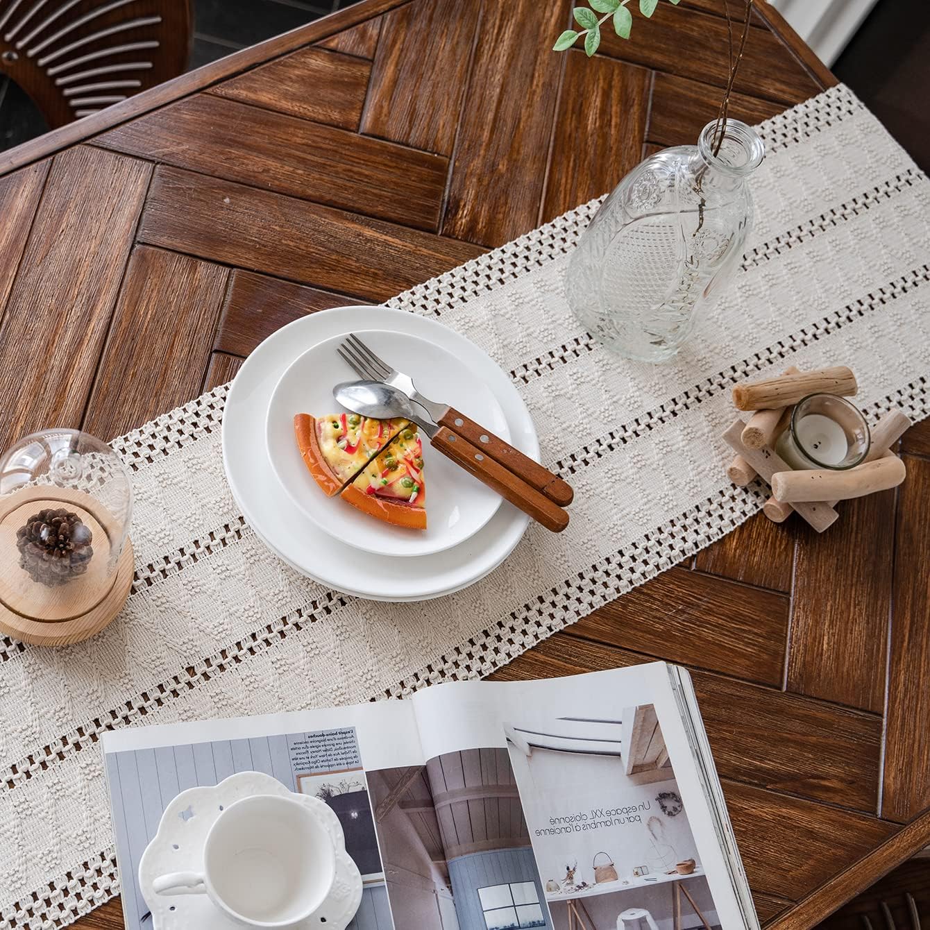 Macramé Table Runner 30x180 cm Handmade Cotton Linen Boho Style Beige Decorative Tablecloth - Image 2