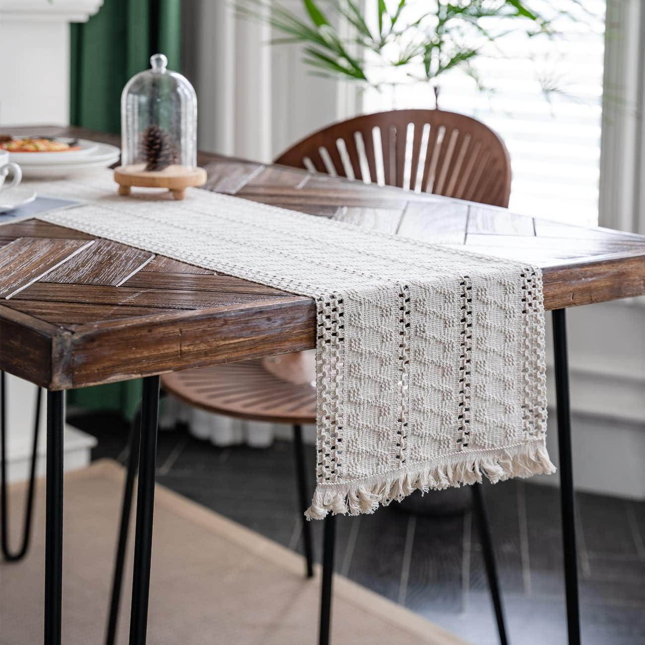 Macramé Table Runner 30x180 cm Handmade Cotton Linen Boho Style Beige Decorative Tablecloth - Image 3