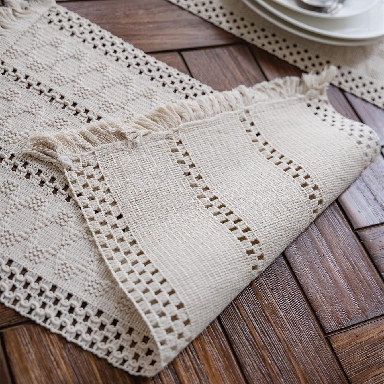 Macramé Table Runner 30x180 cm Handmade Cotton Linen Boho Style Beige Decorative Tablecloth - Image 4