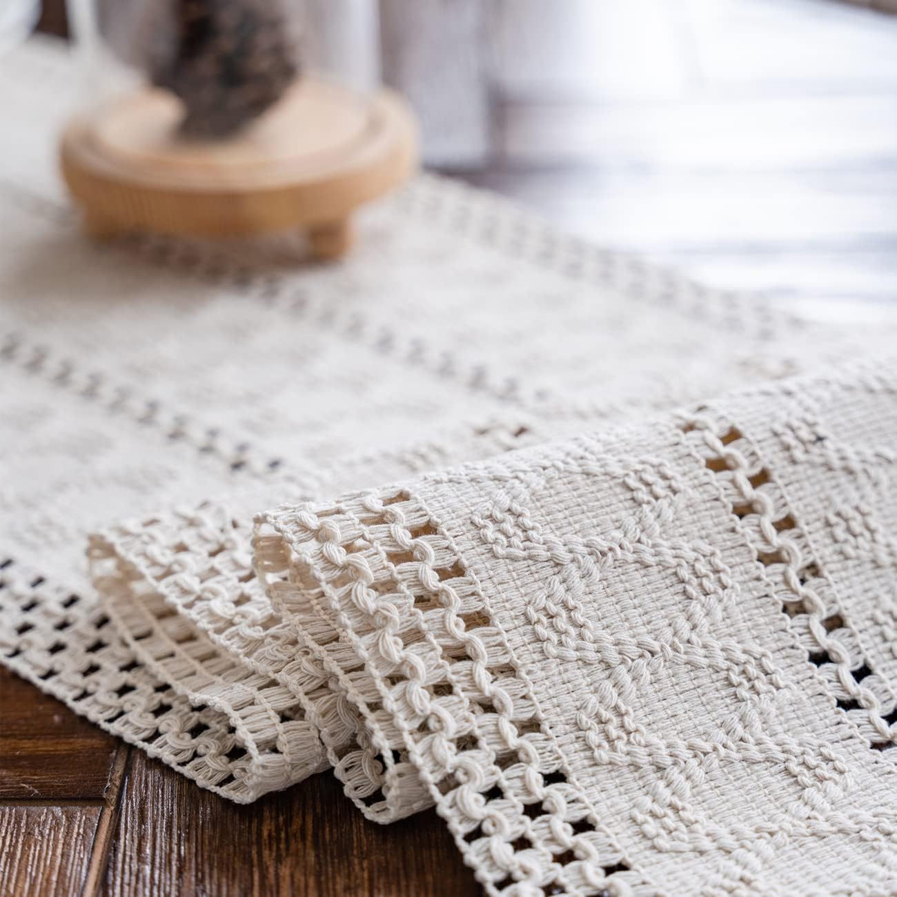 Macramé Table Runner 30x180 cm Handmade Cotton Linen Boho Style Beige Decorative Tablecloth - Image 5