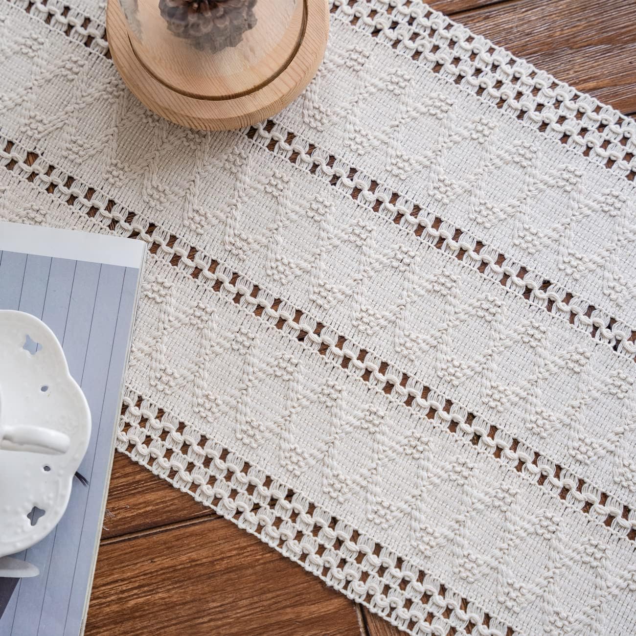 Macramé Table Runner 30x180 cm Handmade Cotton Linen Boho Style Beige Decorative Tablecloth - Image 7