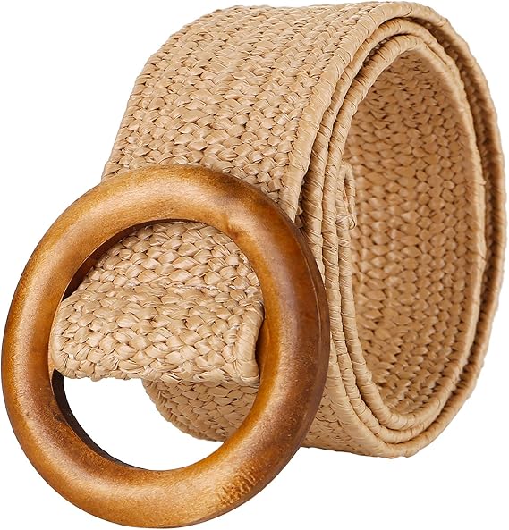 Women's Braided Elastic Belt with Wooden Buckle 103cm Khaki for Vacations Parties Daily Use - Image 1