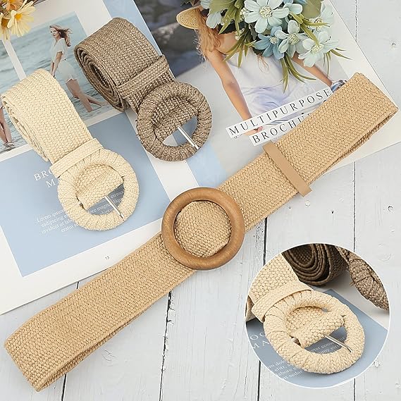 Women's Braided Elastic Belt with Wooden Buckle 103cm Khaki for Vacations Parties Daily Use - Image 3