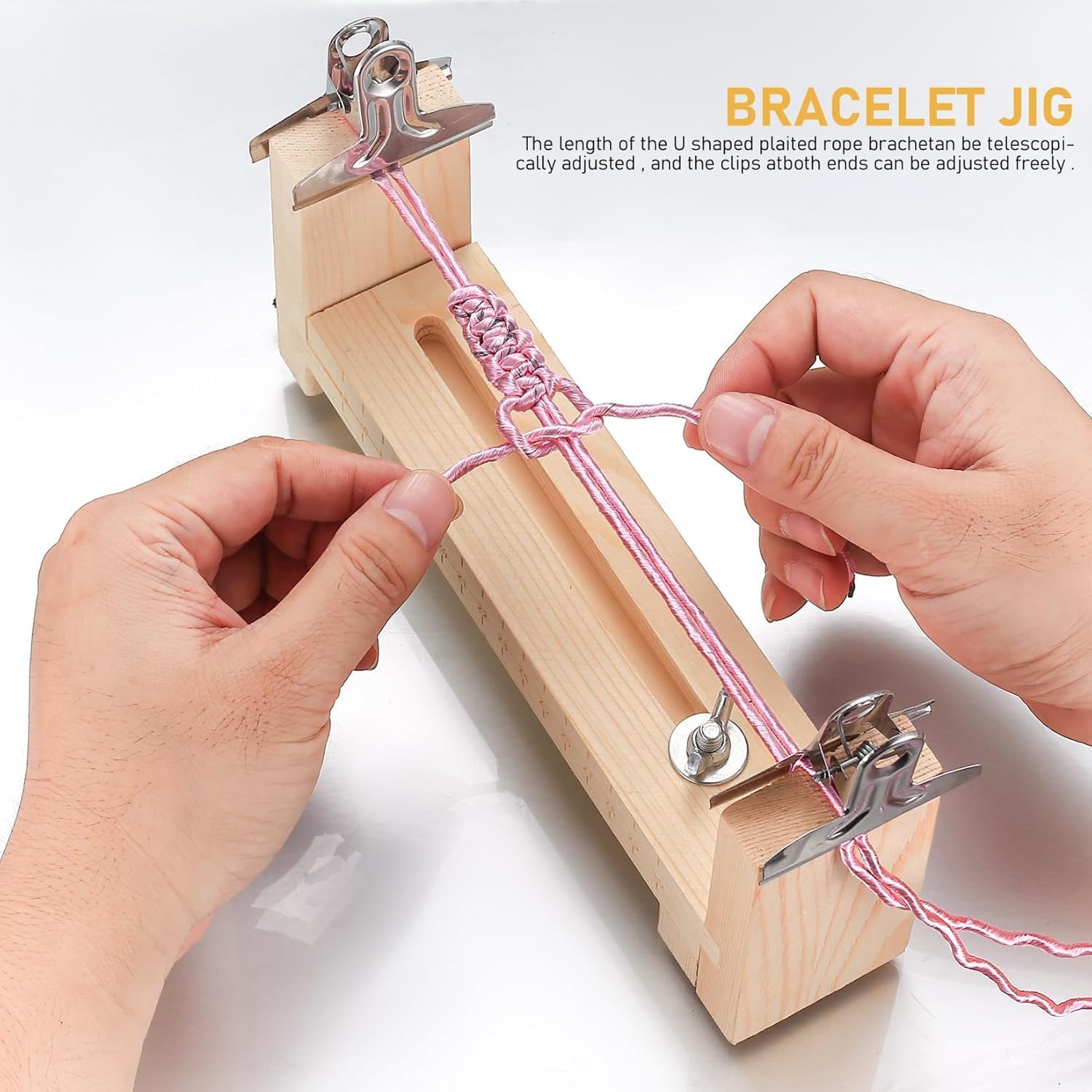 Adjustable Wooden Bracelet Weaving Frame with Double Scale 2 Clamps for DIY Bracelet Belt Keychain Making - Image 3