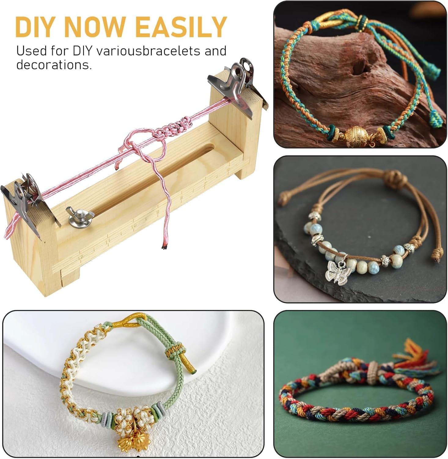 Adjustable Wooden Bracelet Weaving Frame with Double Scale 2 Clamps for DIY Bracelet Belt Keychain Making - Image 6