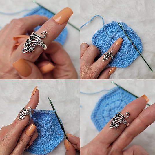 2 Pack Adjustable Yarn Guides for Crocheting & Knitting - Finger Ring Holders - Silver - Image 4