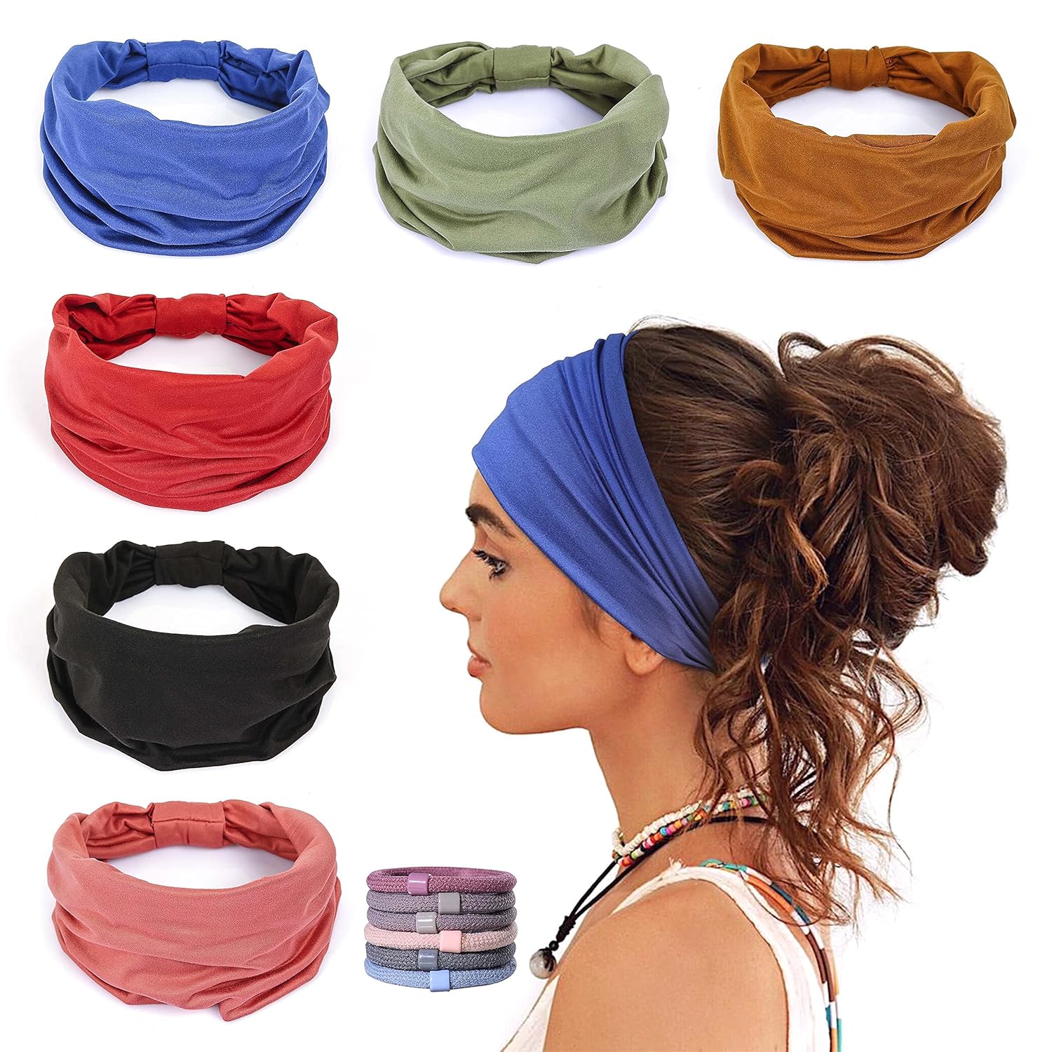 6 Pack Women's Sports Headbands Sweat Absorbent Elastic with Hair Ties for Yoga Fitness - Image 1
