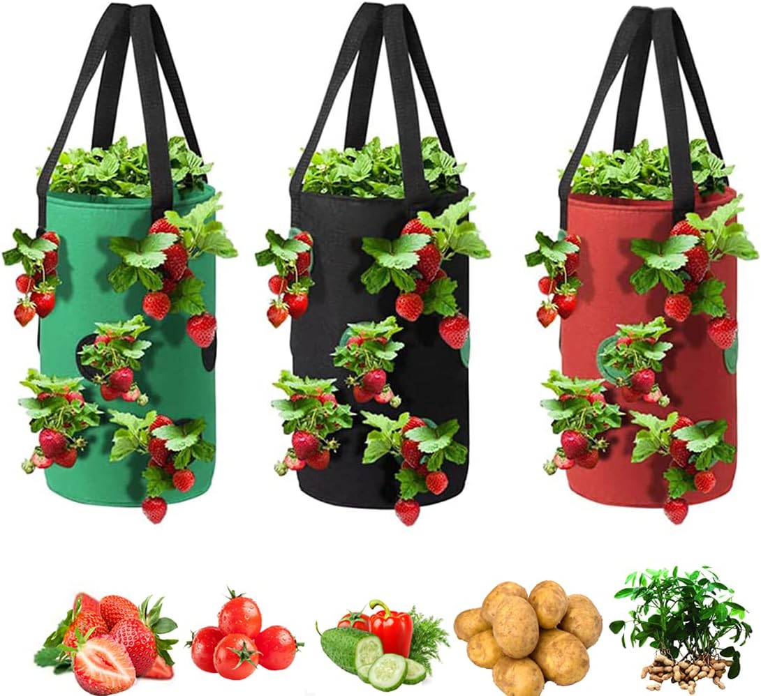 3 Pack Hanging Strawberry Planter Bags with 12 Holes Reusable Felt Grow Bags for Vegetables Herbs Flowers Ideal for Garden Balcony 20x37cm - Image 1
