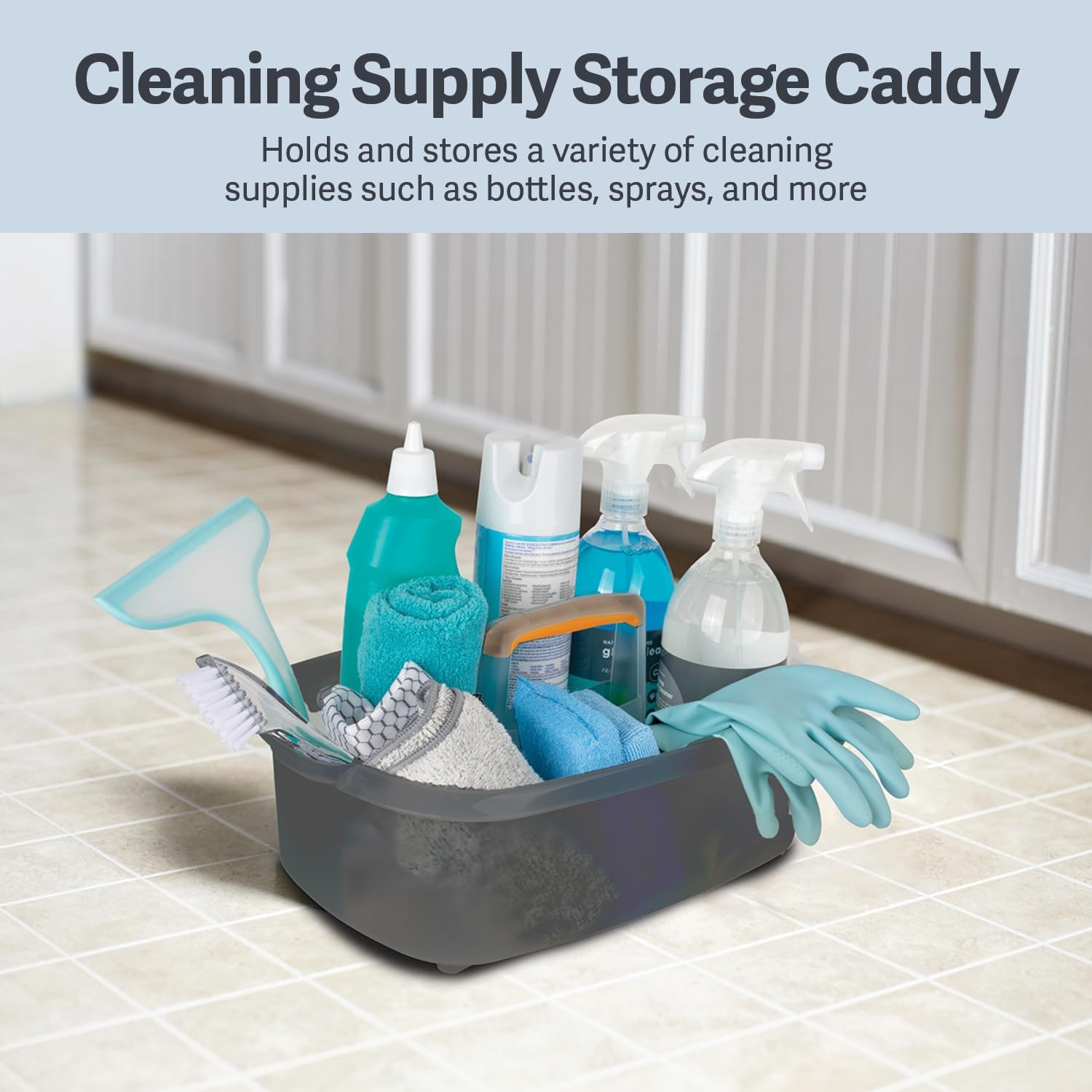 Multi-functional Storage Box with Handle 39x25x19cm Grey - Bathroom Kitchen Office Organiser Basket for Cleaning Supplies - Image 2