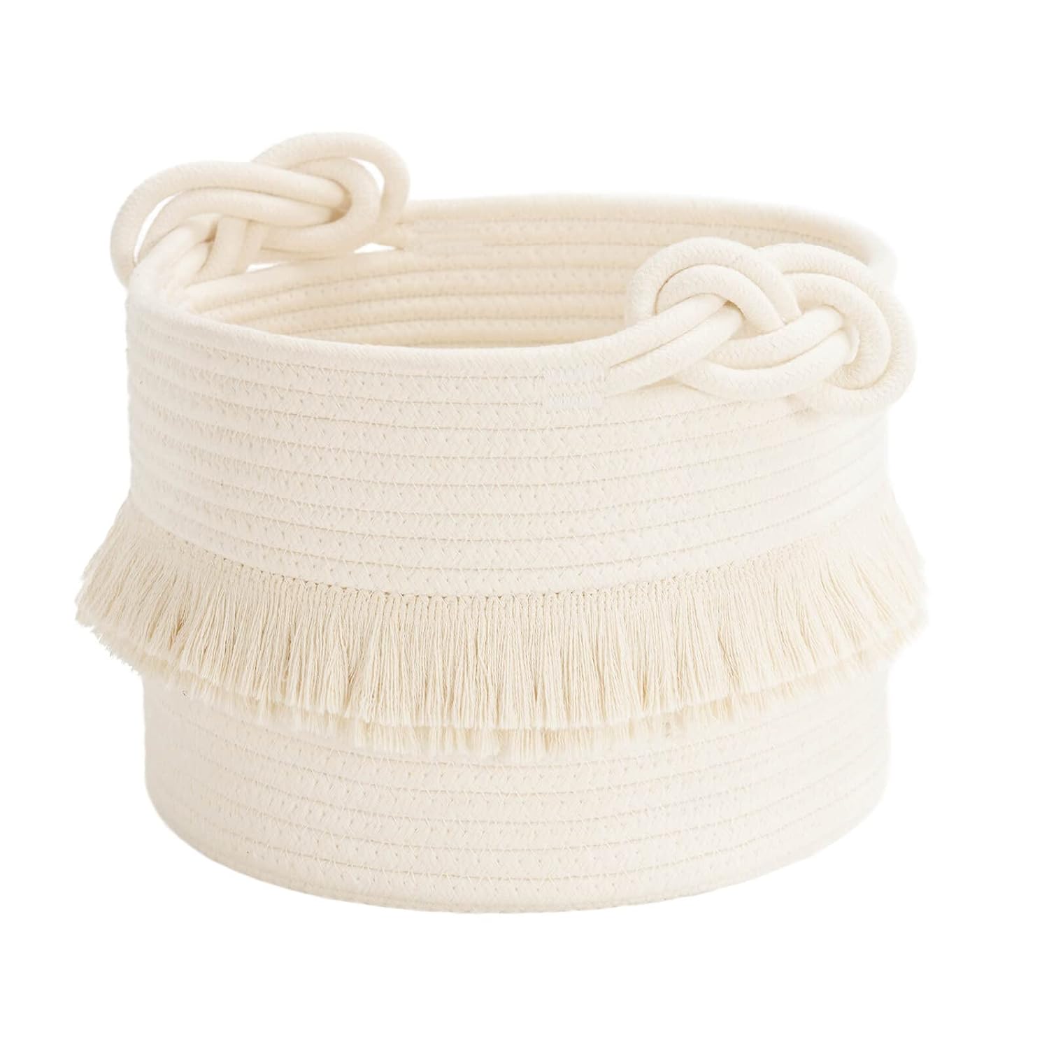 Cotton Storage Basket with Tassels 18x24cm White Decorative Woven Organizer for Bedroom Living Room Kids Room Boho Style - Image 1