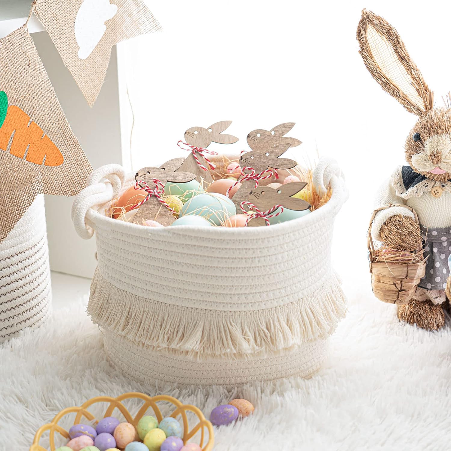 Cotton Storage Basket with Tassels 18x24cm White Decorative Woven Organizer for Bedroom Living Room Kids Room Boho Style - Image 2