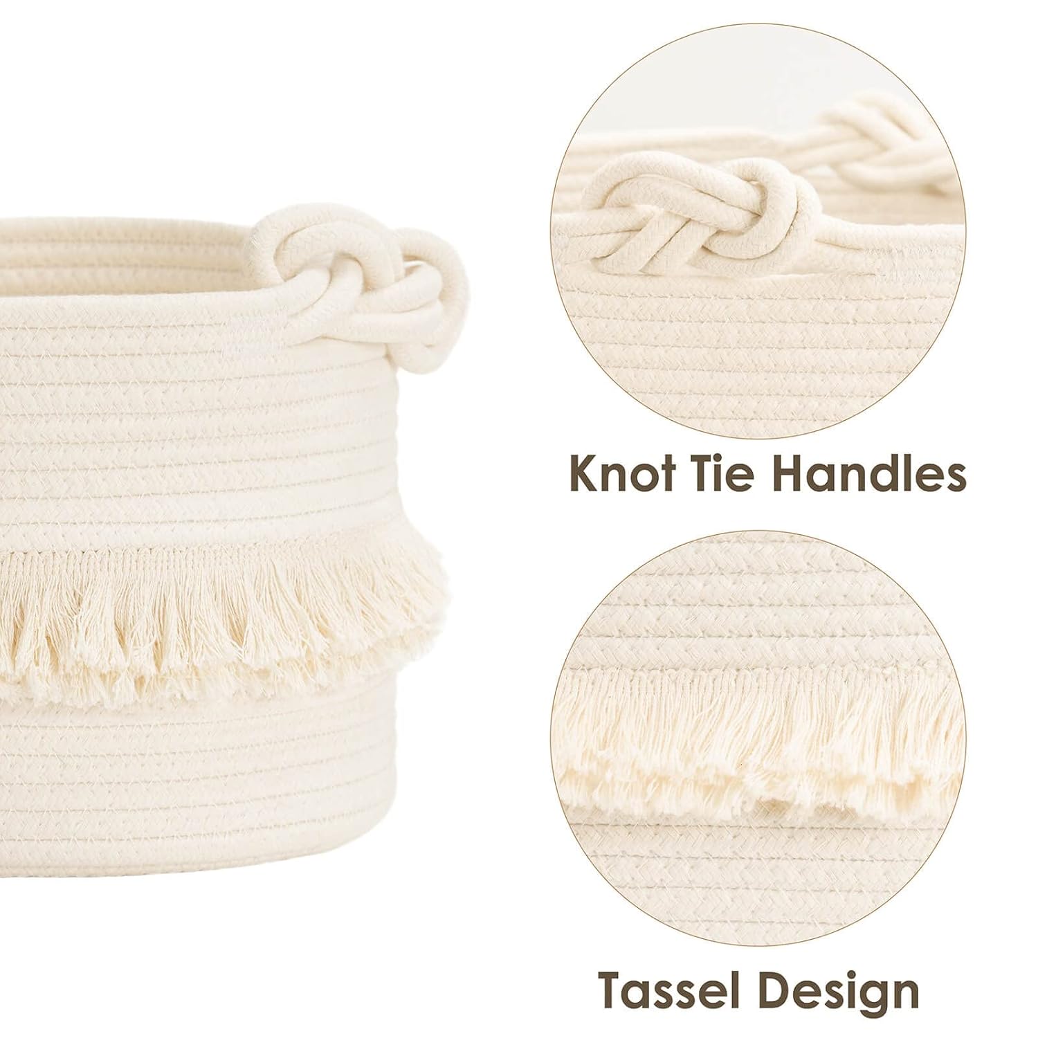 Cotton Storage Basket with Tassels 18x24cm White Decorative Woven Organizer for Bedroom Living Room Kids Room Boho Style - Image 3