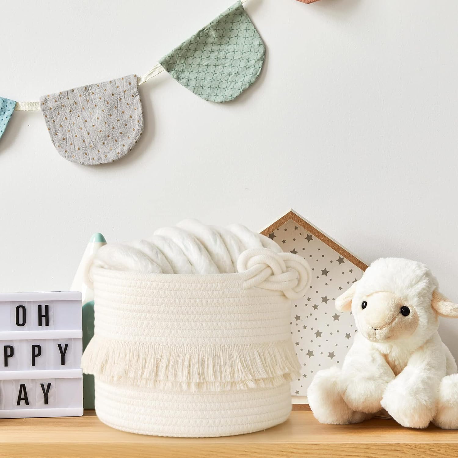 Cotton Storage Basket with Tassels 18x24cm White Decorative Woven Organizer for Bedroom Living Room Kids Room Boho Style - Image 5