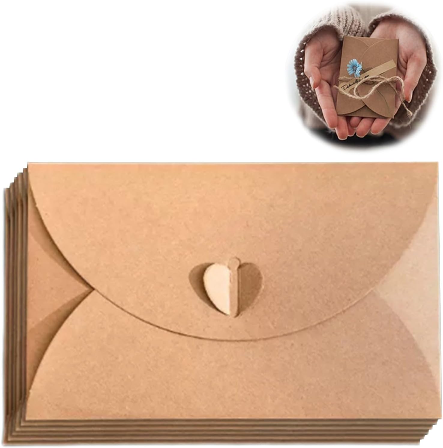 10 Pack Brown Kraft Paper Envelopes with Heart Closure 10.5x7 cm - Image 1