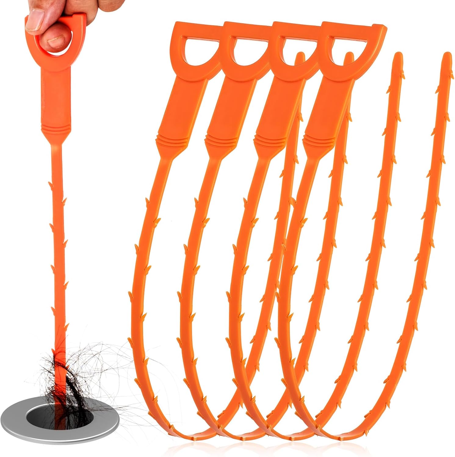 4 Pack Orange Drain Unblocker Flexible Reusable Hooks for Kitchen Bathroom Toilet Sink - Image 1