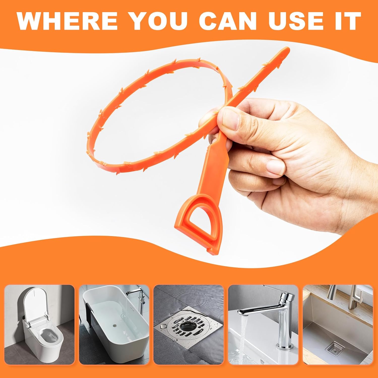 4 Pack Orange Drain Unblocker Flexible Reusable Hooks for Kitchen Bathroom Toilet Sink - Image 3