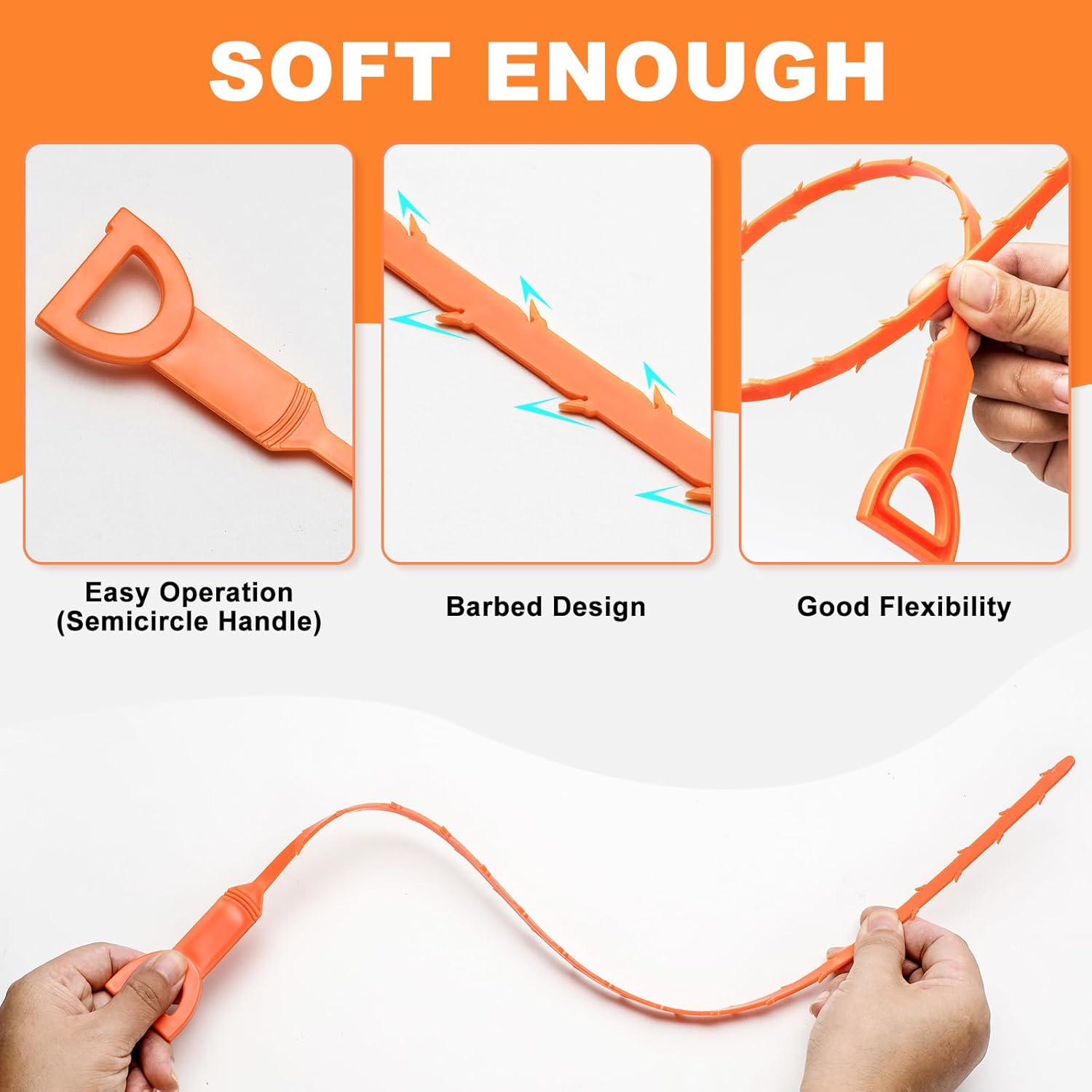 4 Pack Orange Drain Unblocker Flexible Reusable Hooks for Kitchen Bathroom Toilet Sink - Image 6