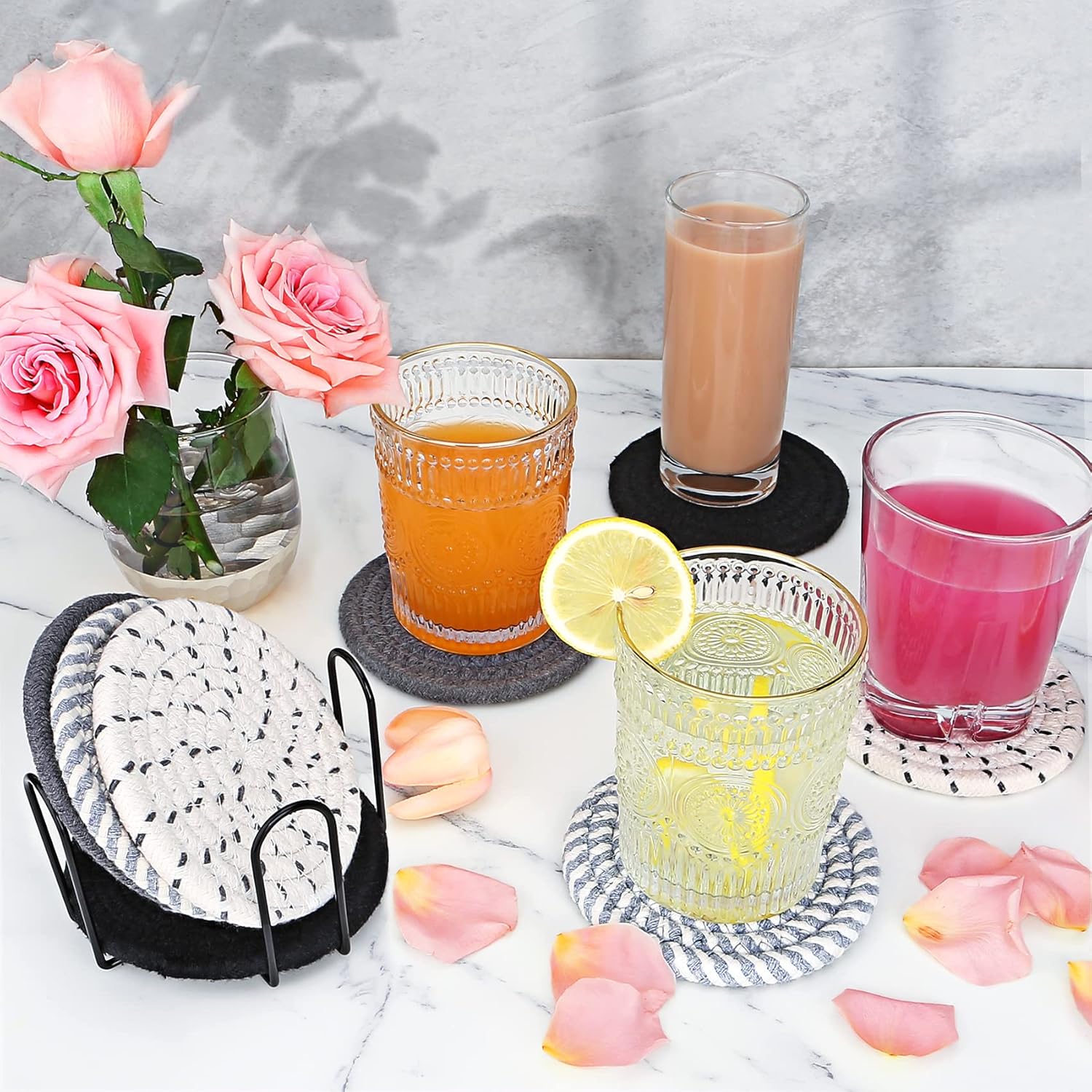 8-Piece Glass Coasters Set with Metal Holder 4 Colors Handmade Cotton Linen Heat Resistant Absorbent Kitchen Dining Table Gift - Image 4