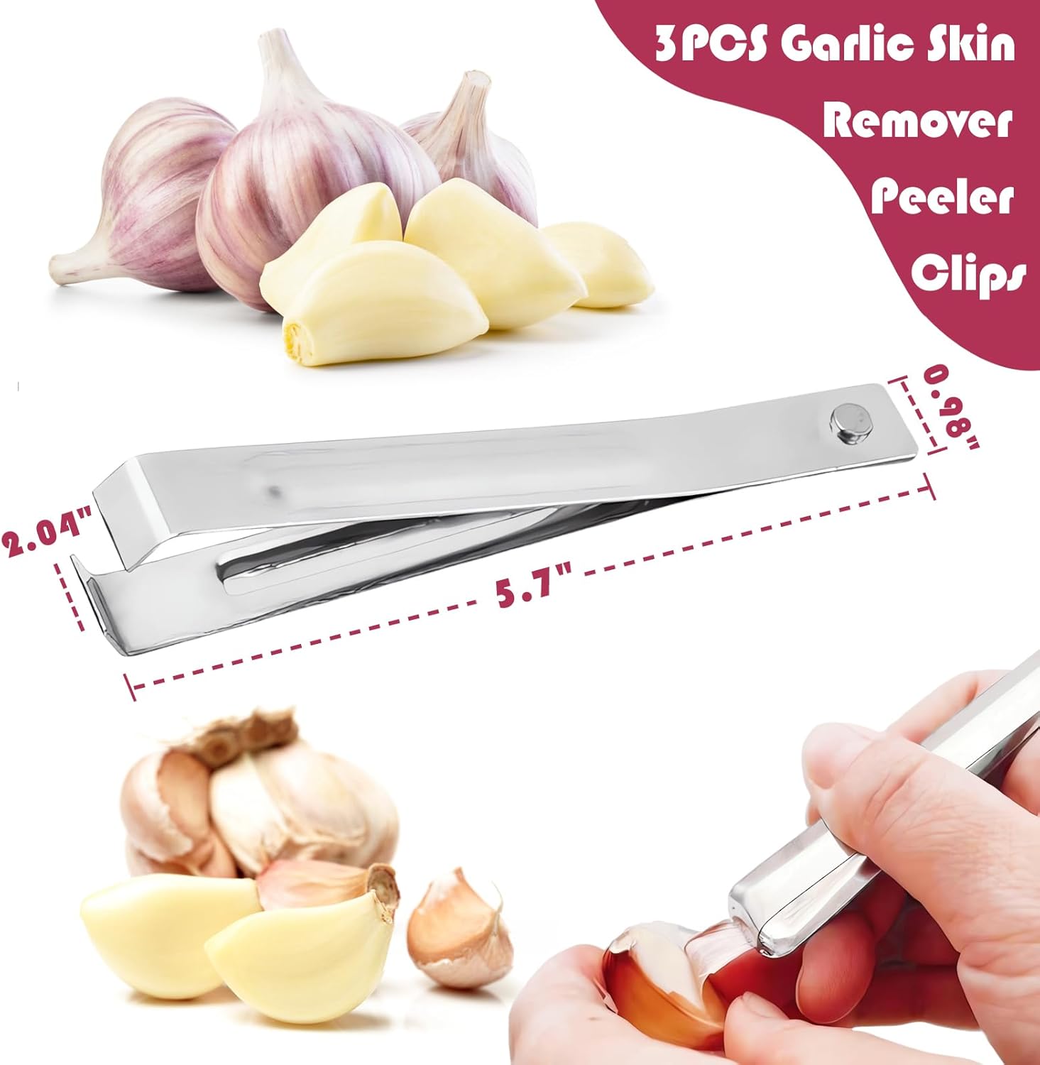 3-Piece Stainless Steel Garlic Peelers - Easy Garlic Skin Removal - Prevents Garlic Odor on Hands - Image 2