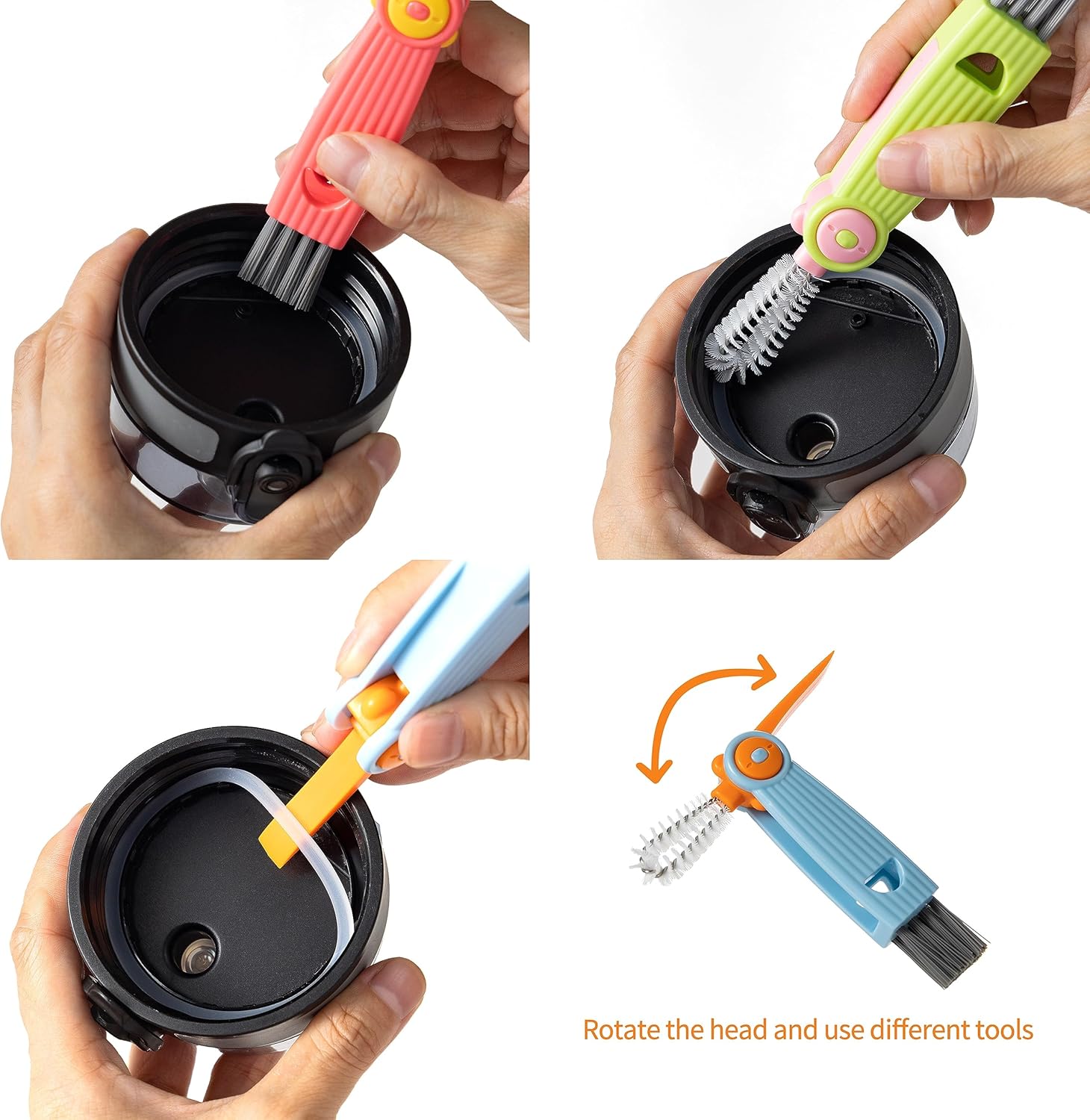 3-in-1 Bottle Cap Cleaning Brush Set with 3 Brush Heads Rotatable Compact Multifunctional - Image 2