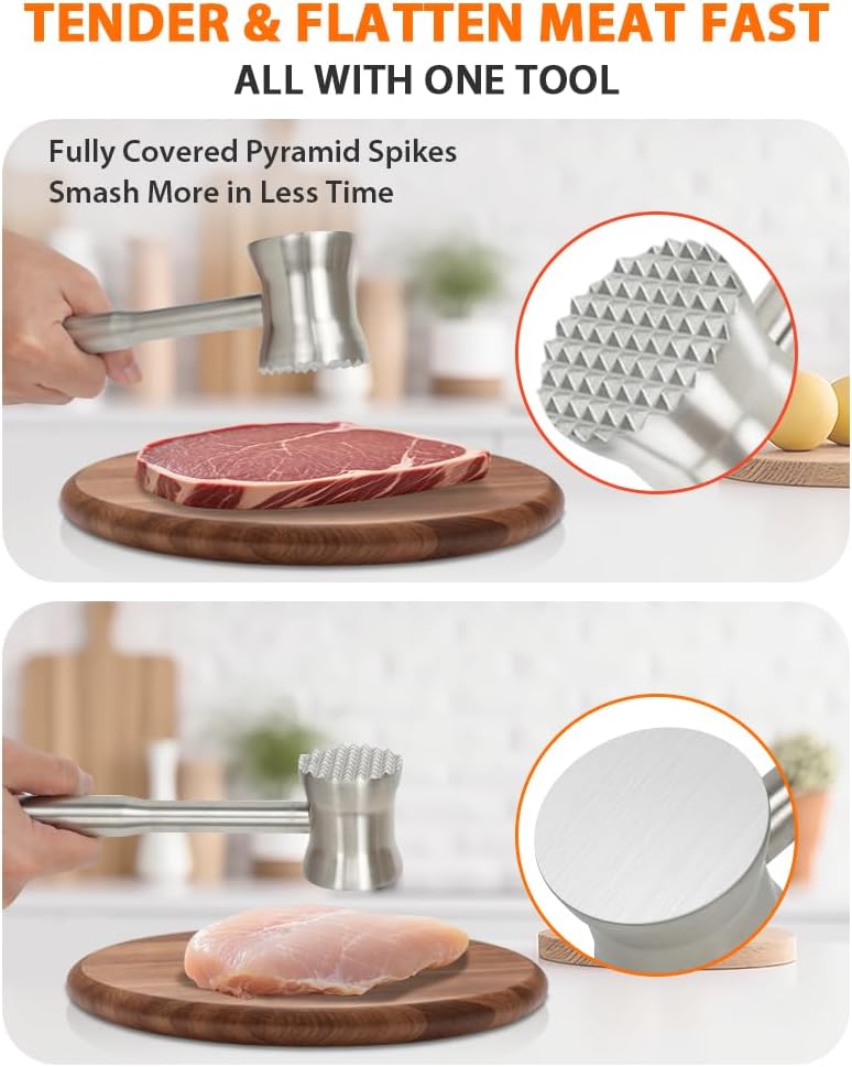 Meat Tenderizer Tool, 304 Stainless Steel Meat Mallet, 0.8lb Heavy Duty, 2 in 1 Meat Pounder for Beef, Steak, Chicken, Lamb, Dishwasher Safe - Image 2
