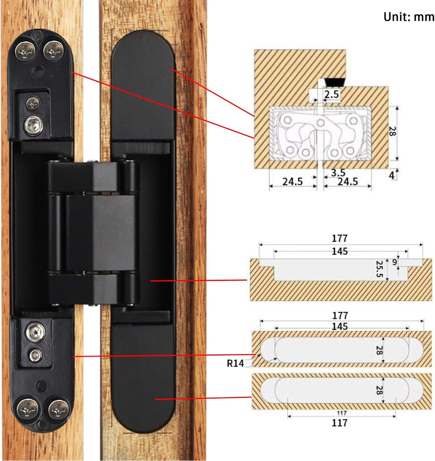 7 Inch Invisible Hinges - Black Pack of 2 (2 Count) - Modern Style - Metallic Finish - Zinc & Aluminum Alloy - 180 Degree Swing - 3D Adjustable Butt Hinge - Image 7