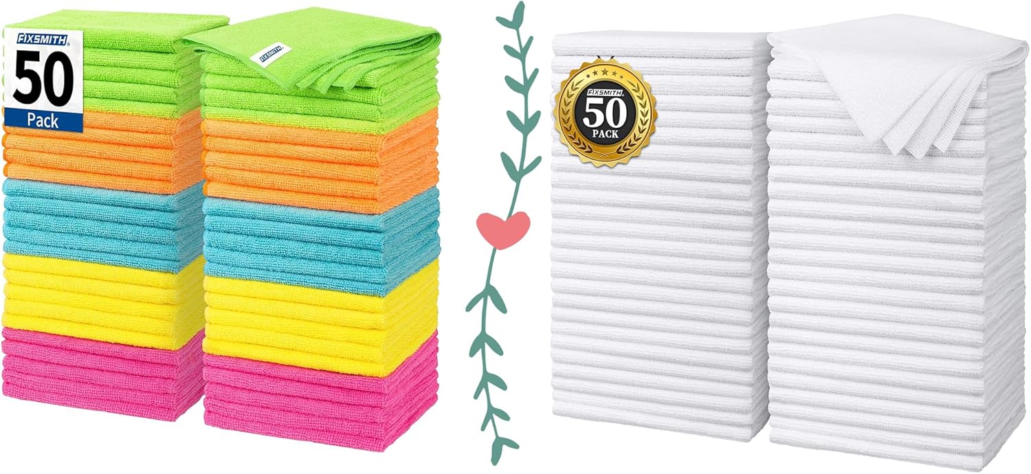 Microfiber Cleaning Cloth, 50 Pack Cleaning Rags& White Microfiber Cleaning Cloth, Pack of 50, 16