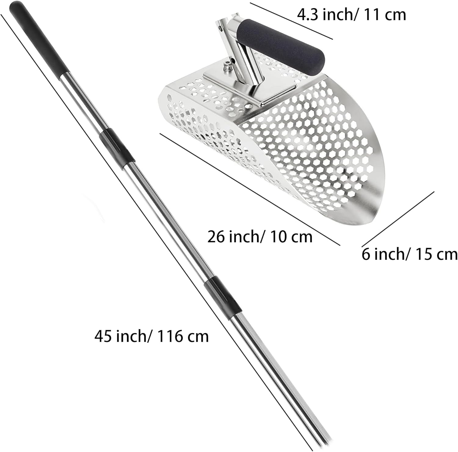 Sand Scoop for Metal Detecting, Heavy Duty Metal Detector Beach Finds Scoop, Stainless Steel Metal Detecting Tool Digging Shovel Fast Sifting Stainless Steel Shovel (w/Long Handle) - Image 2