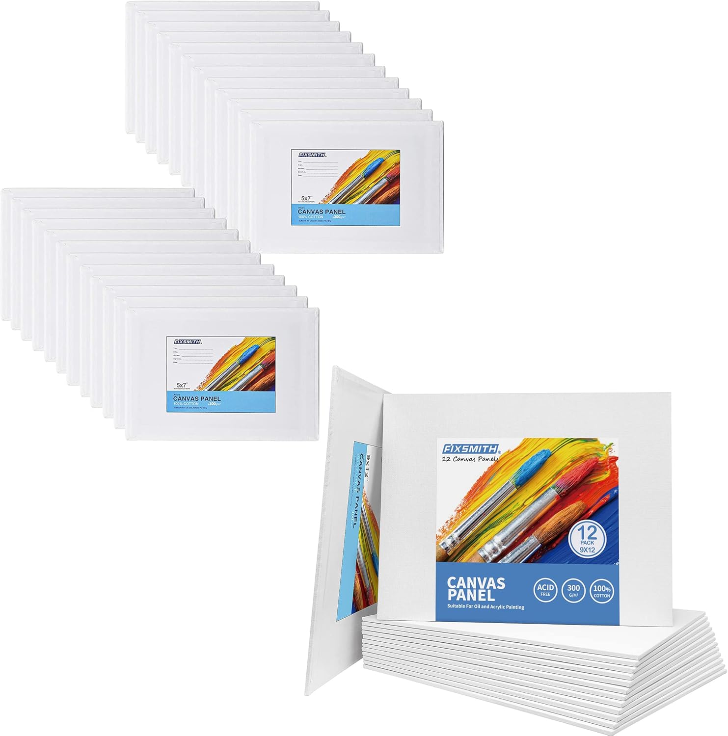 Painting Canvas Panel Boards - 5x7 Inch Art Canvas,24 Pack with 9 x12 Inch Canvas Panel Super Value 12 Pack,100% Cotton,Primed Canvas Board,Acid Free,Artist Canvas Boards - Image 1