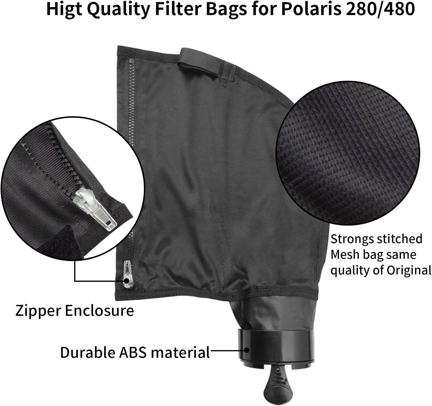 Black Nylon Mesh Pool Cleaner Bags,All Purpose Filter Bag K13 K16 with Zipper Replacement for Polaris 280 and 480 Pool Cleaner(2 Pack) - Image 4