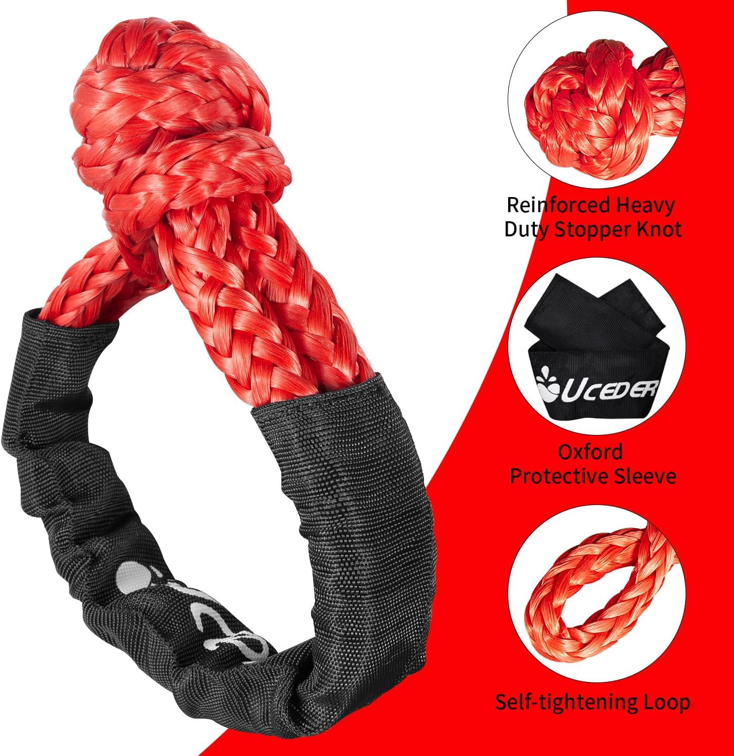 Soft Shackle,Synthetic Shackle Rope Recovery Kit with Extra Protective Sleeves(56,000 lbs Breaking Strength) Heavy Duty Tow Shackles for Off-Road, Truck, Jeep, SUV, UTV, ATV (Red) - Image 3