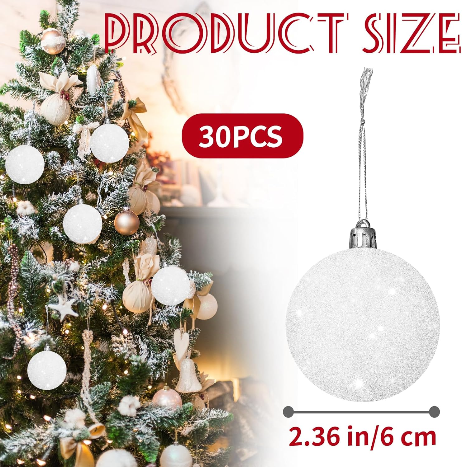 30 Pcs 2.36 Inch White Snowball Ornament,Christmas White Sparkly Ball Ornament,Christmas Tree Ball Decorations for Winter Theme Valentines Party,Holiday,Wreath - Image 2