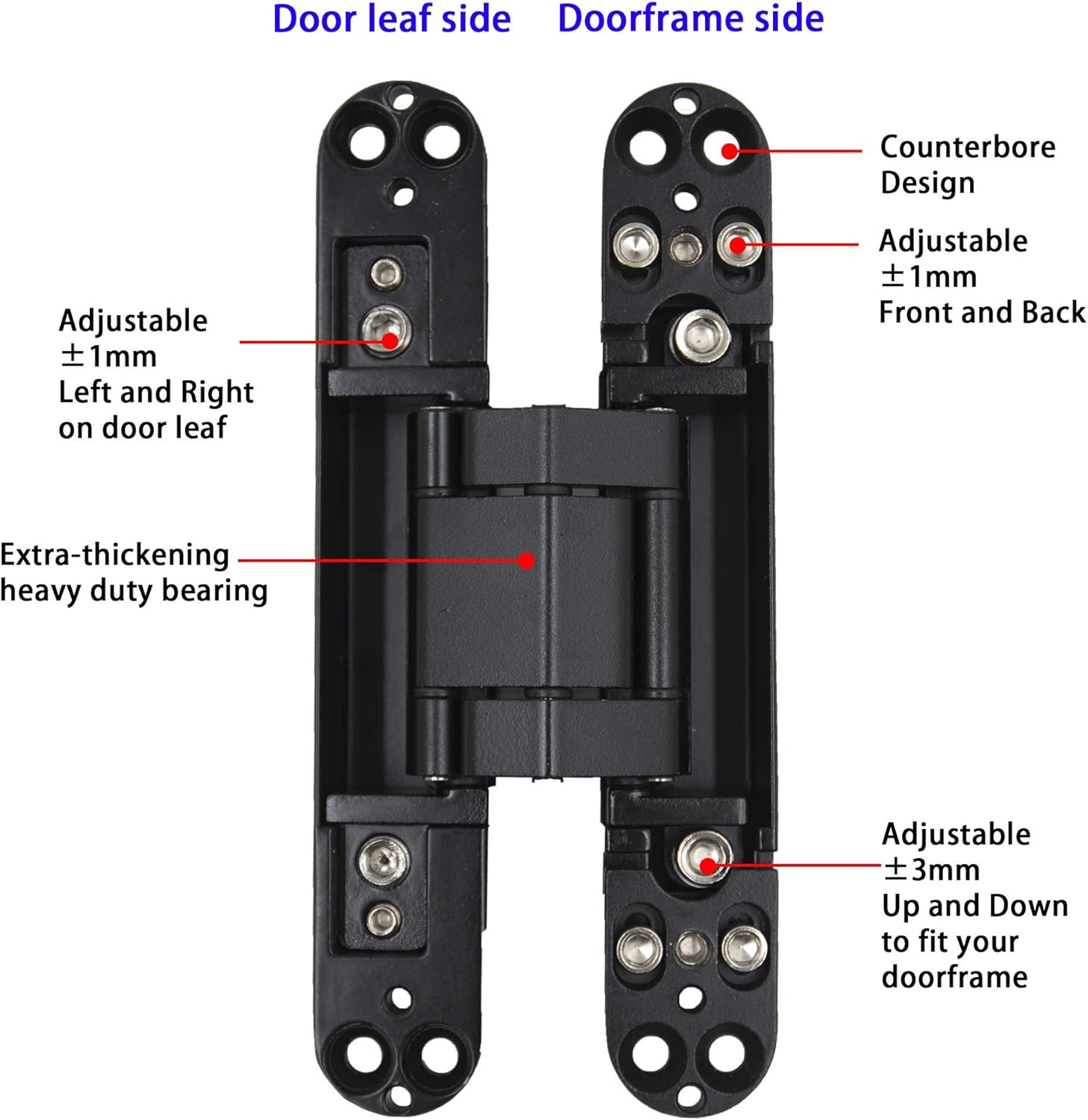 6 inch Hidden Door Hinges Invisible Hinges Concealed Hinges Zinc Alloy 180 Degree Swing Hinge 3 Way Adjustable Butt Hinge 6 x 2.5 x 1 inch (Black Pack of 3) - Image 4
