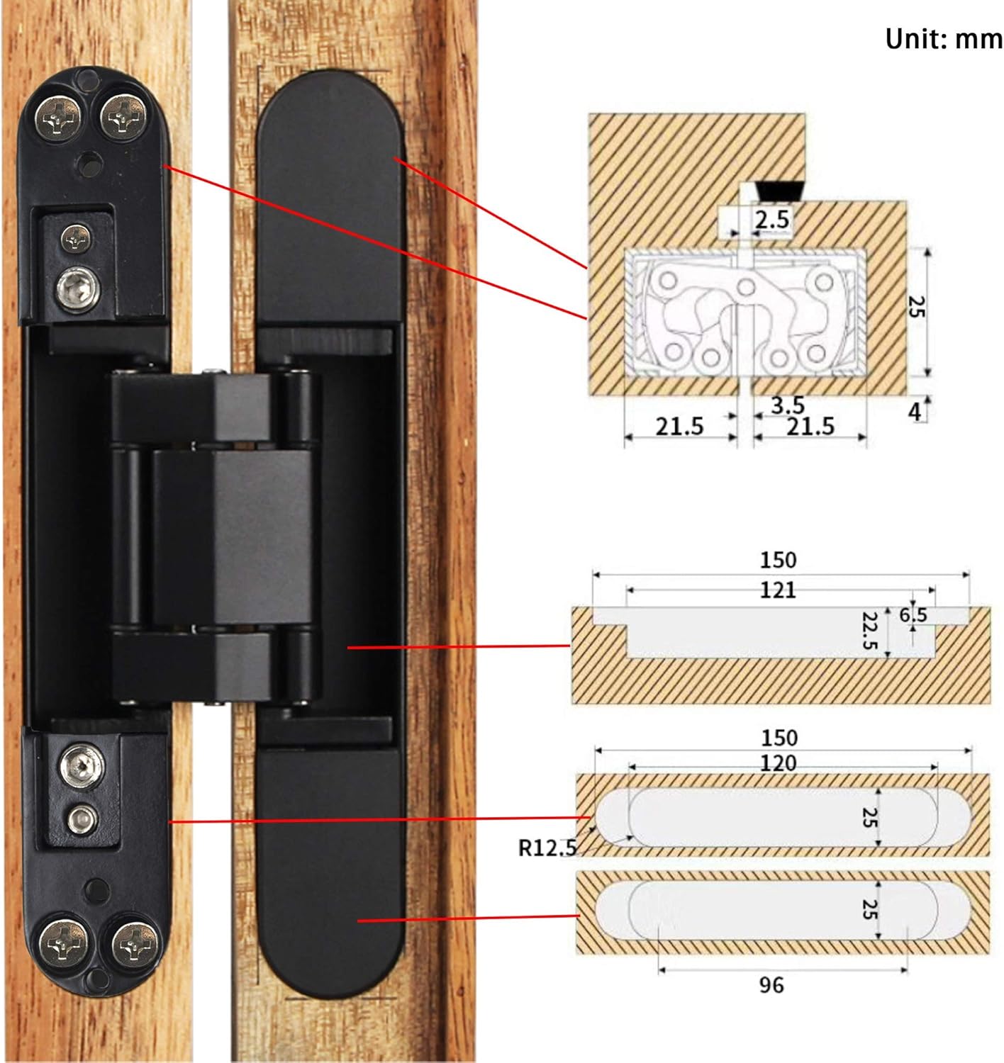 6 inch Hidden Door Hinges Invisible Hinges Concealed Hinges Zinc Alloy 180 Degree Swing Hinge 3 Way Adjustable Butt Hinge 6 x 2.5 x 1 inch (Black Pack of 3) - Image 6