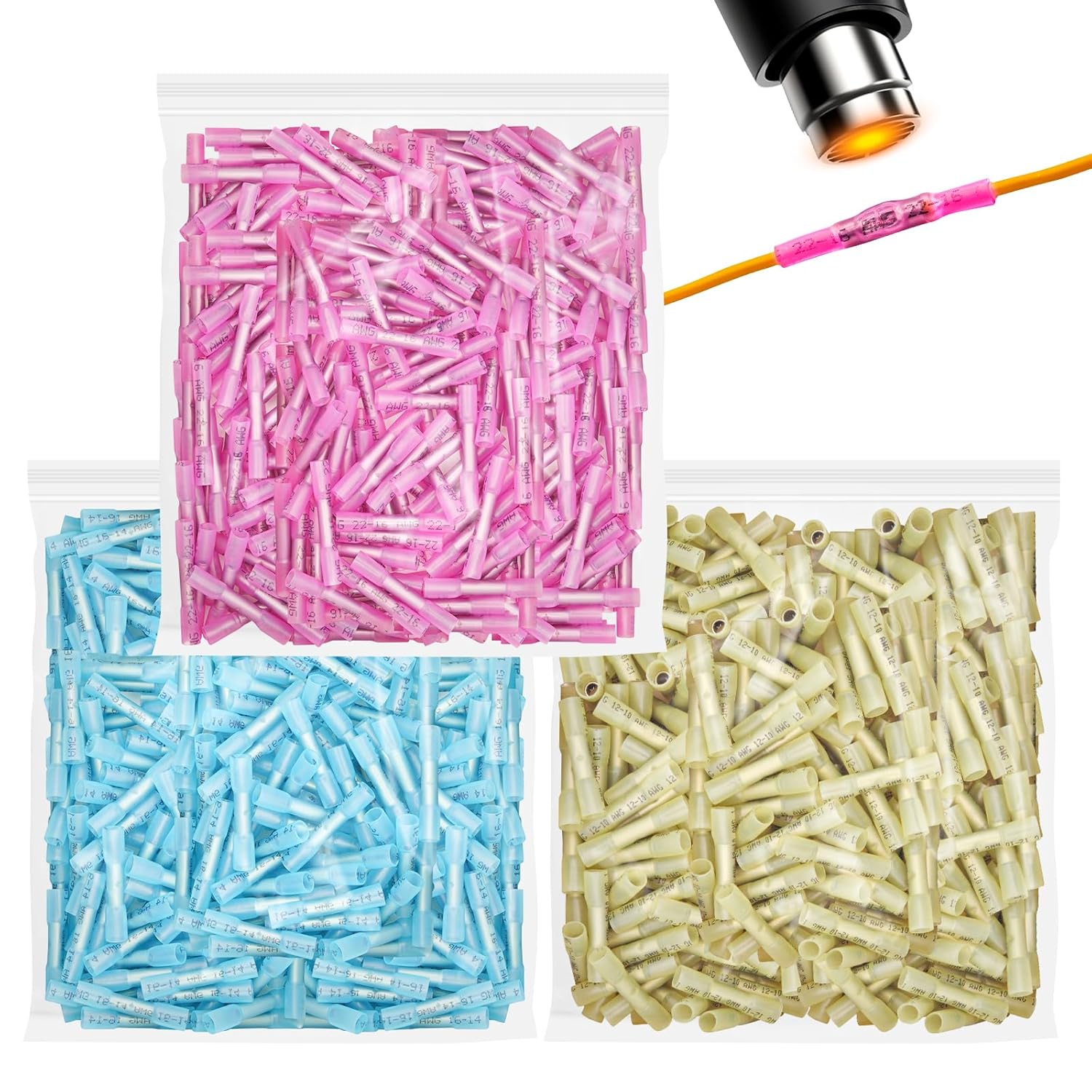 1500 PCS Heat Shrink Butt Connectors, 16-14 AWG 22-16 AWG 12-10 AWG Waterproof Electrical Insulated Crimp Wire Splice for Boats, Cable, Wiring, Automotive, Home - Image 1