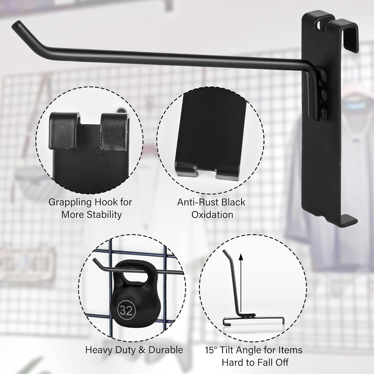 Gridwall Hooks - 4 Inch Heavy Duty Black Display Hooks for Grid Wall Panel Hanging (12Pcs) - Image 4