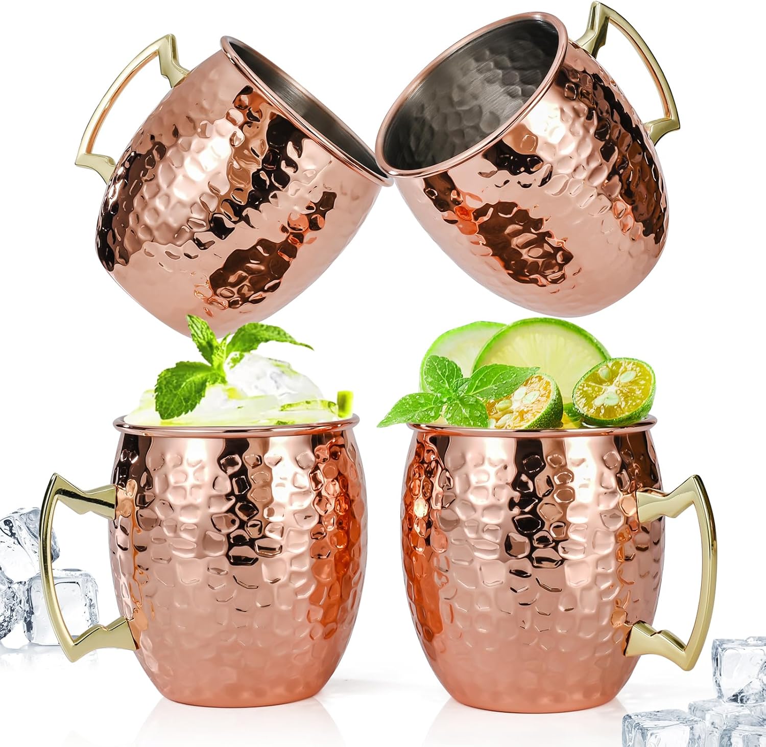 Moscow Mule Mugs Set of 4, 16 OZ Hammered Copper Cups with 304 Stainless Steel Lining and Gold Brass Handles, for Cold Drinks, Beer, Wine, Bars, Parties - Image 1