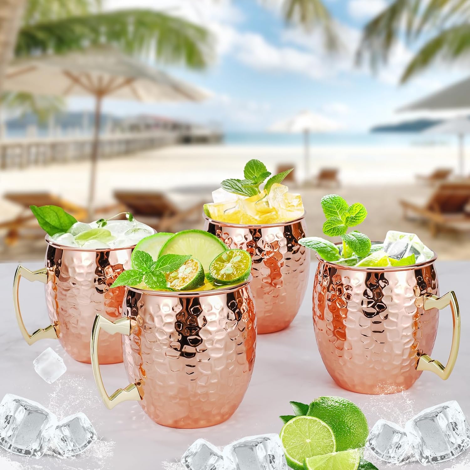 Moscow Mule Mugs Set of 4, 16 OZ Hammered Copper Cups with 304 Stainless Steel Lining and Gold Brass Handles, for Cold Drinks, Beer, Wine, Bars, Parties - Image 2